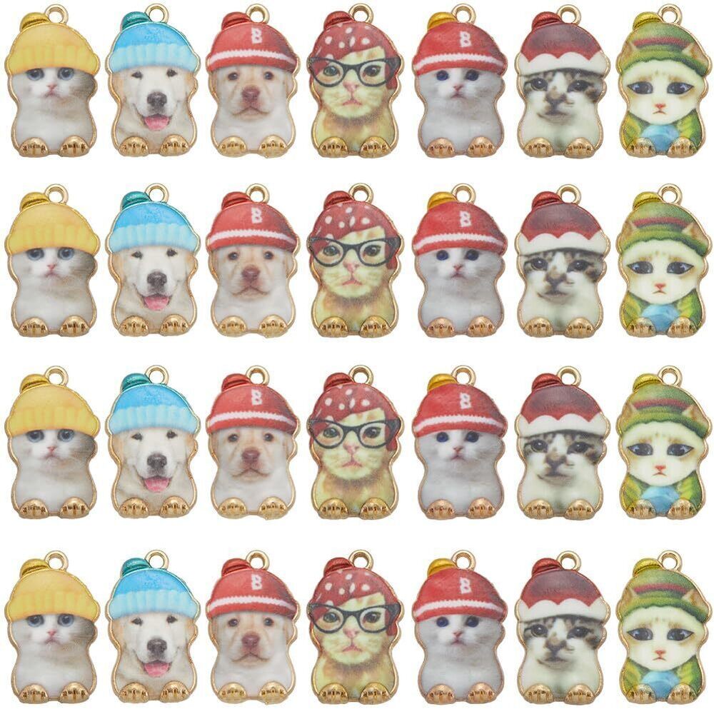 2685 1 Box 28Pcs 7 Styles Cat Dog Charm Animal Enamel Charms Bulk Assorted